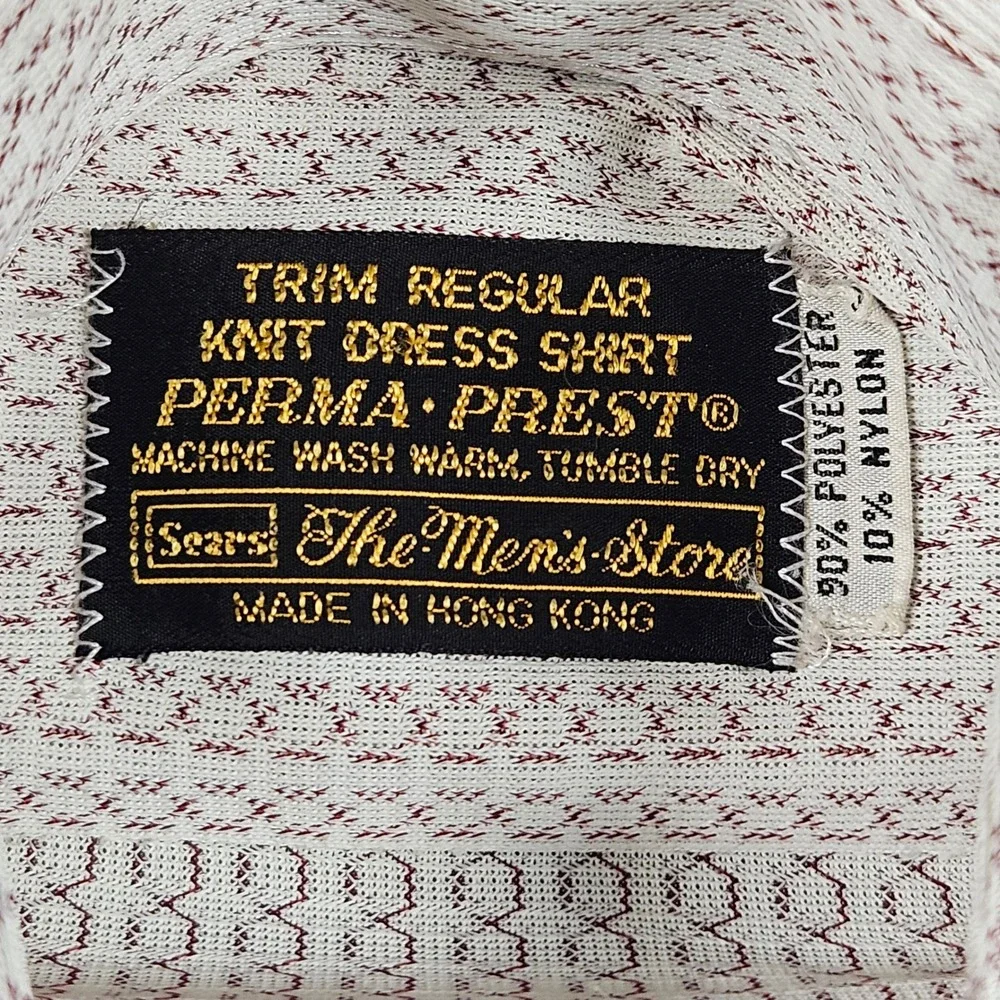 Vintage Sears Knit Dress Shirt Mens L-XL Trim R White Geometric Perma-Prest 70s‎